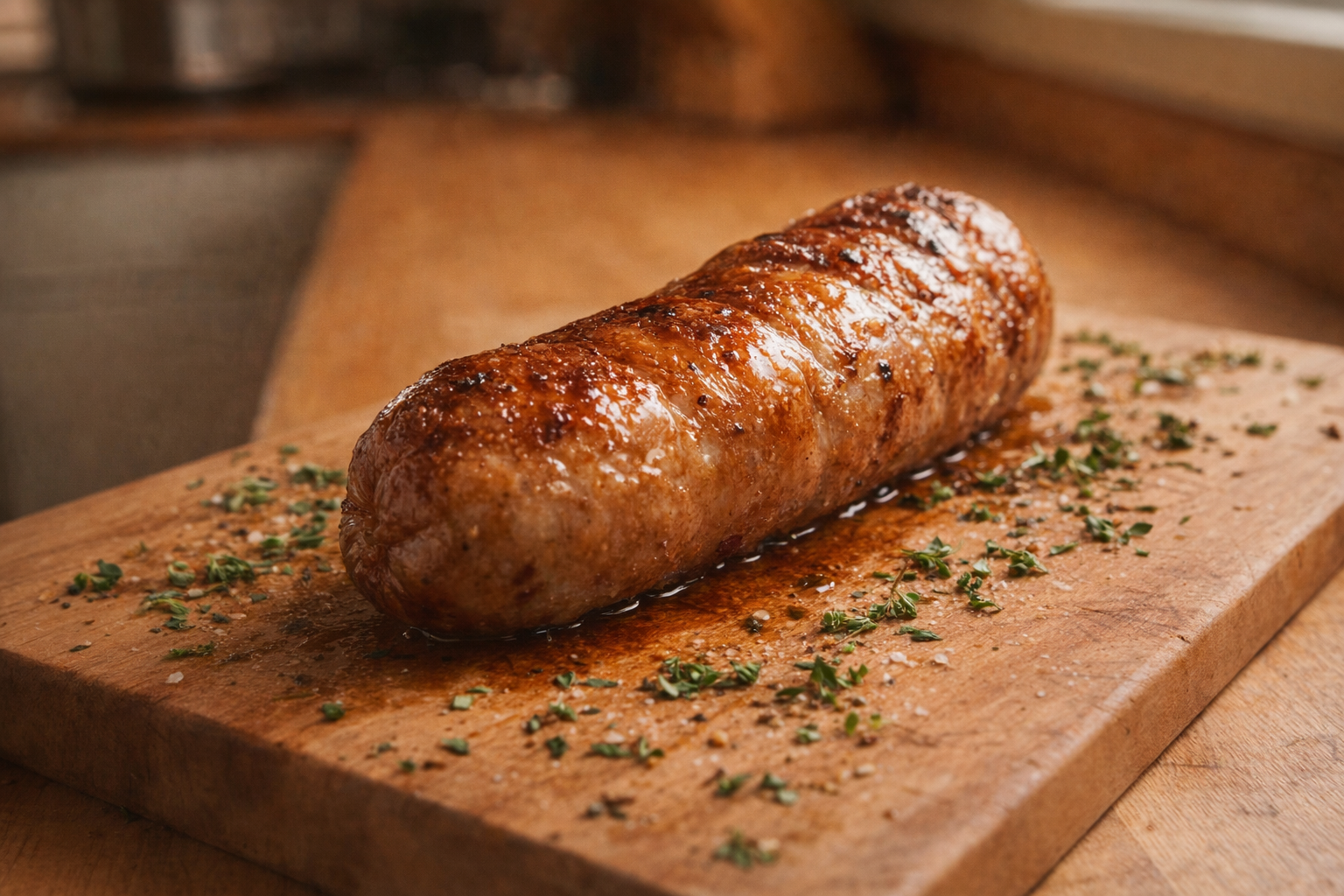A perfectly cooked sausage, golden brown and glistening, resting on a wooden cutting board with herbs scattered around.  The lighting is warm and inviting.